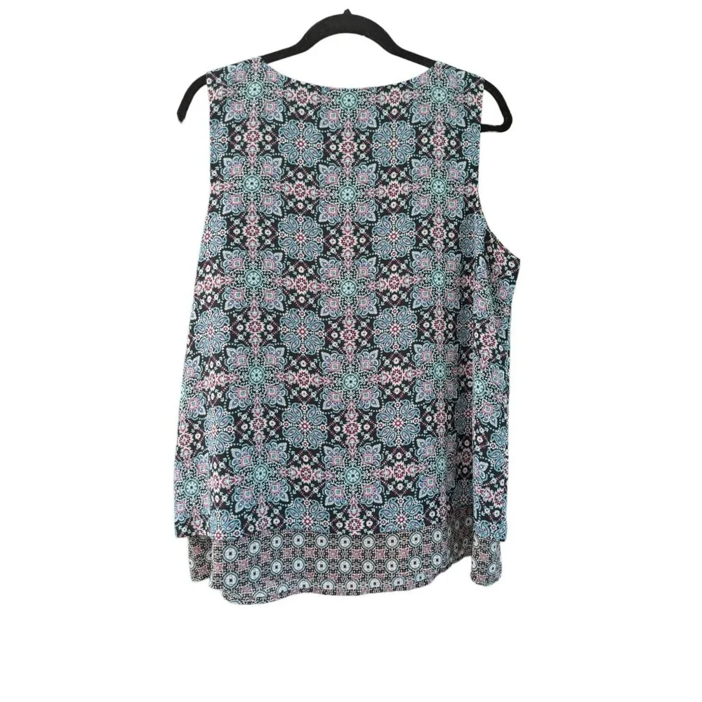 J Jill Sleeveless Layered Top Womens Size PL Blouse Blue Pink Mosaic Tile - Picture 2 of 3